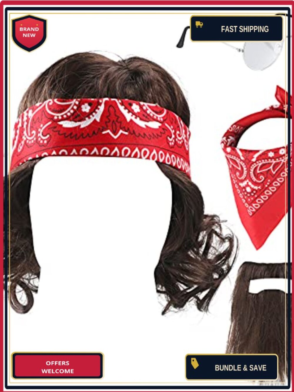 Halloween Men's Costume Kit Curly Wig Bandana Glasses Mustache Cosplay